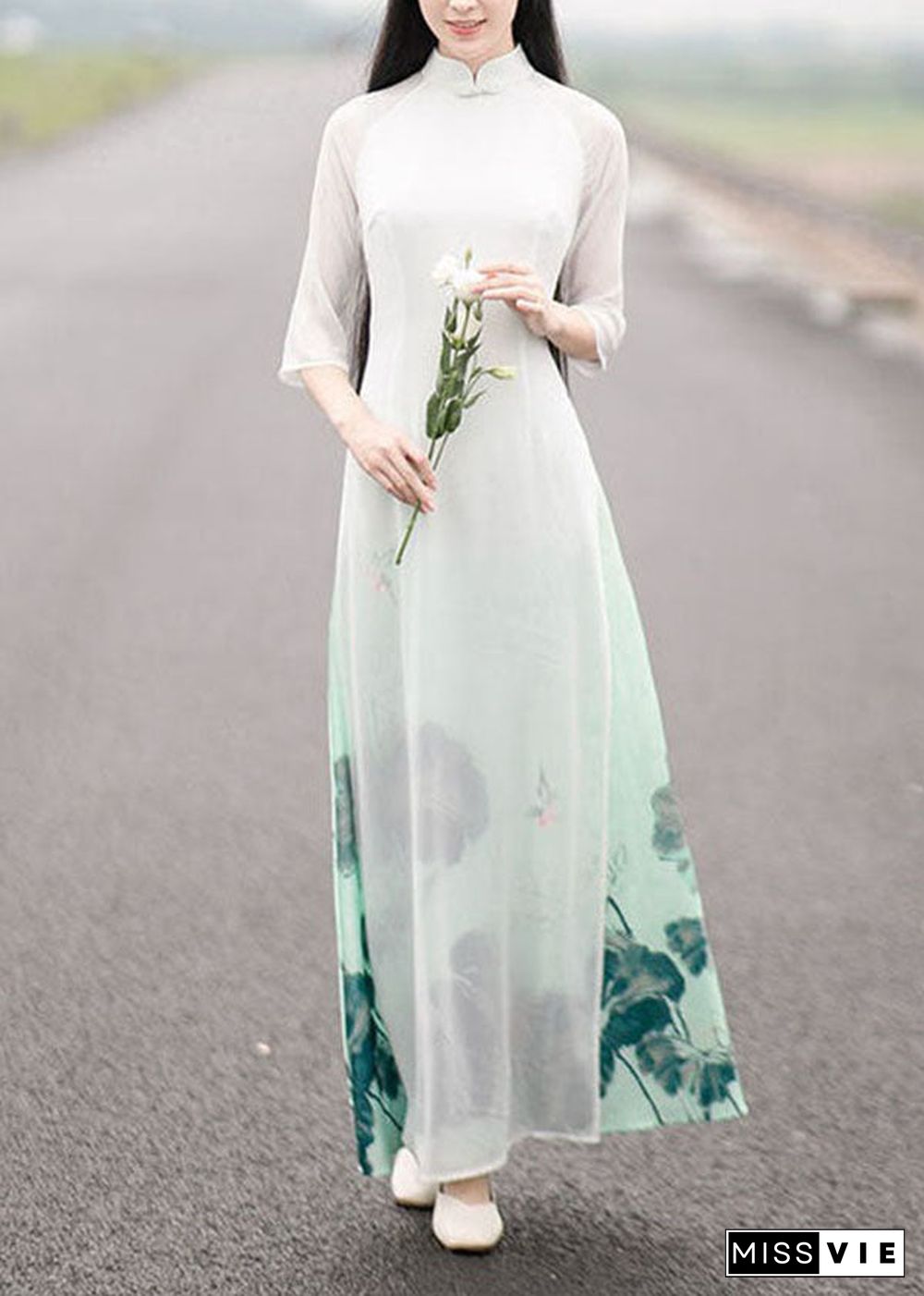 Oriental White Gradient Print Side Open Chiffon Dress Spring