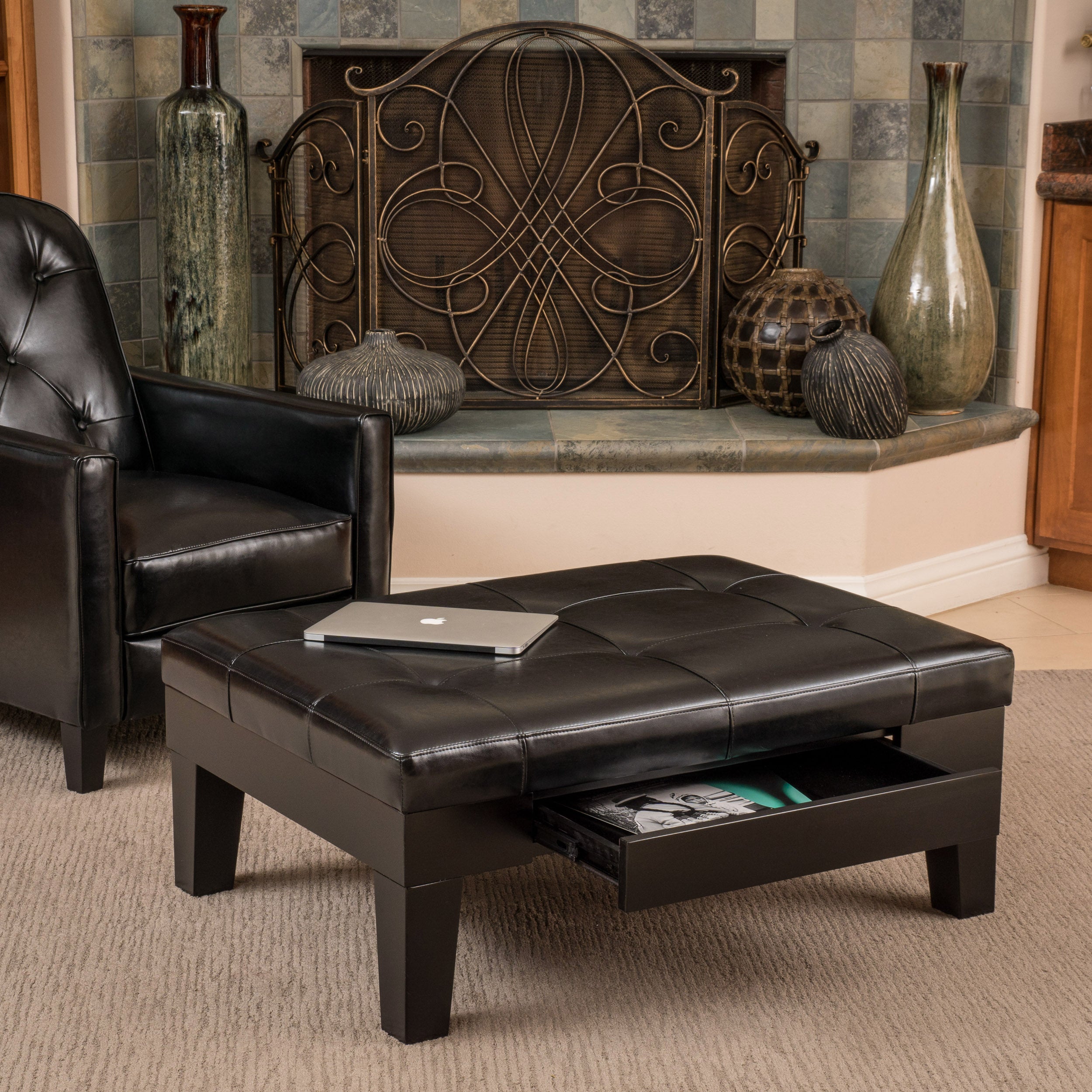 Tucson Contemporary Tufted Leather Storage Ottoman Table with Drawer