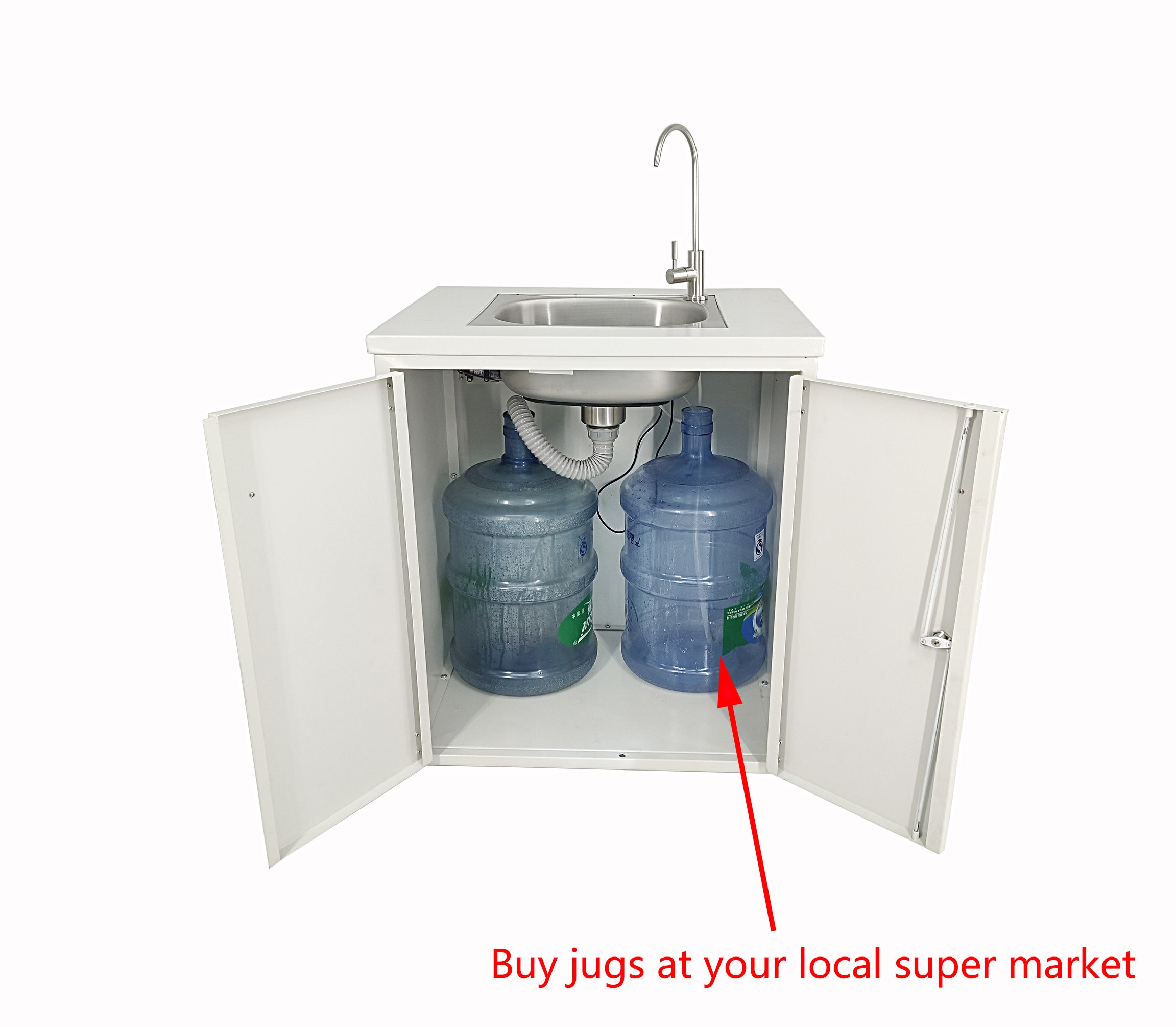 Steel Cabinet Portable Sink Self Contained Hand Wash Station Mobile Sink Water Fountain Water Supply 110V/12V Powered Built-in Pump Water Jugs NOT included 24 X 18 X 30" CABINET SIZE 10094