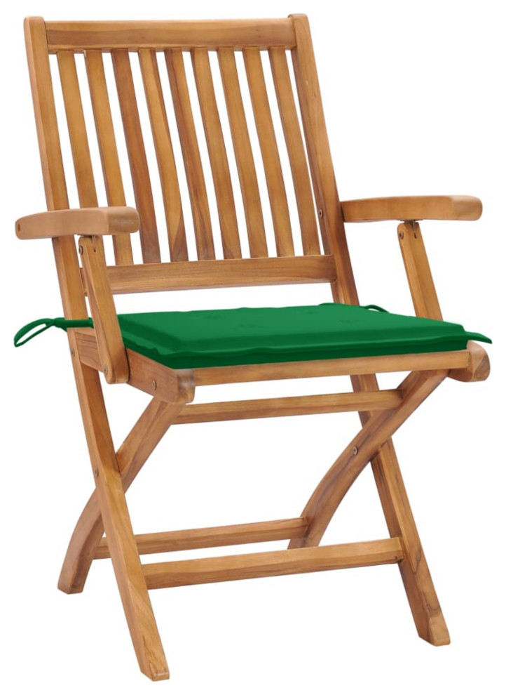 Vidaxl Garden Chairs  Set of 2  With Green Cushions Solid Teak Wood   Contemporary   Outdoor Folding Chairs   by Virventures  Houzz