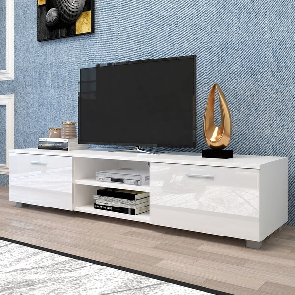 TV Stand Media Console Entertainment Center Table， 2 Storage Cabinet with Open Shelves for 70