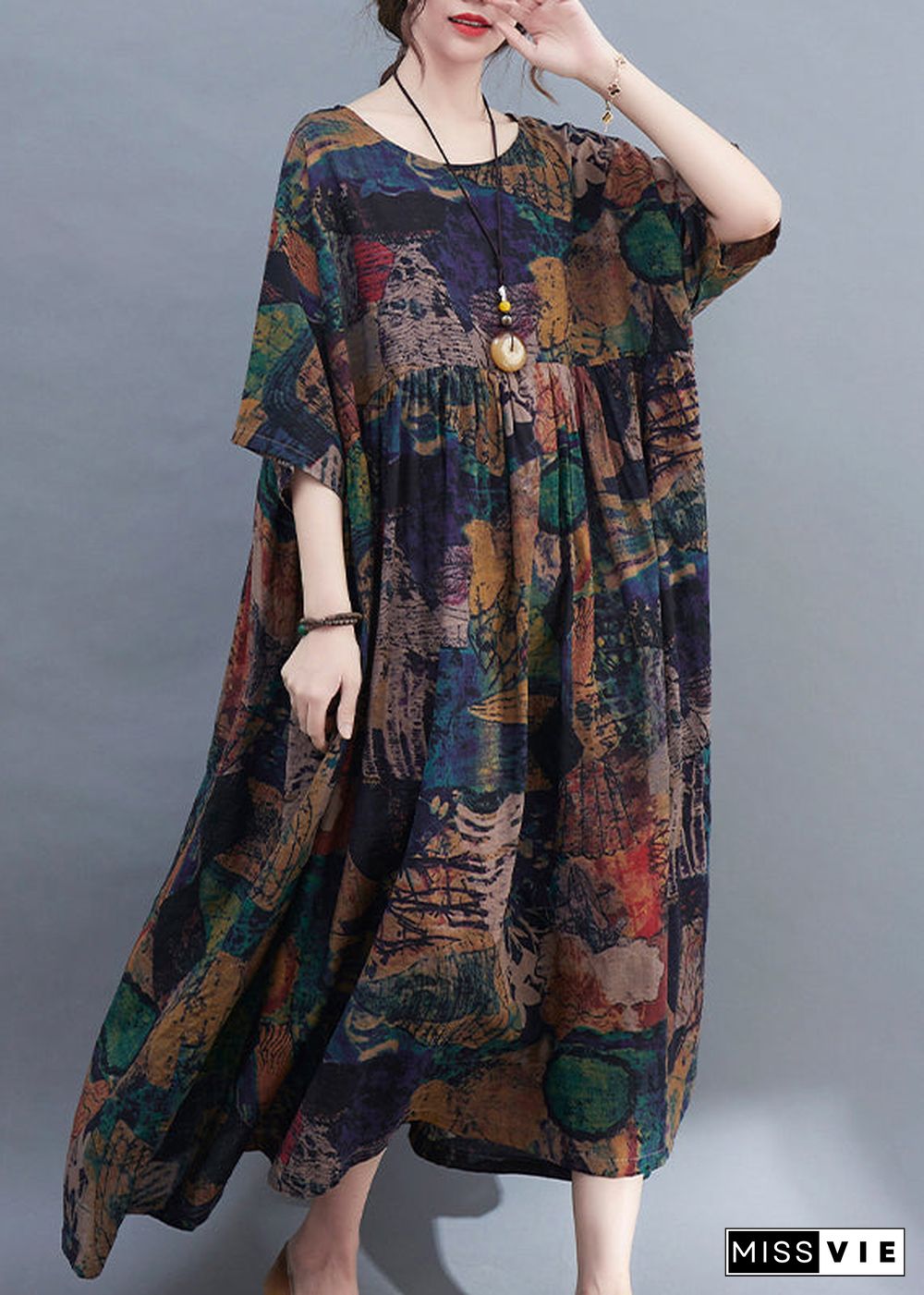 Original Design O-Neck wrinkled Print Loose Long Dress Short Sleeve