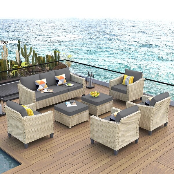 XIZZI Patio Furniture 7Piece Outdoor Wicker Conversation Set with Ottomans