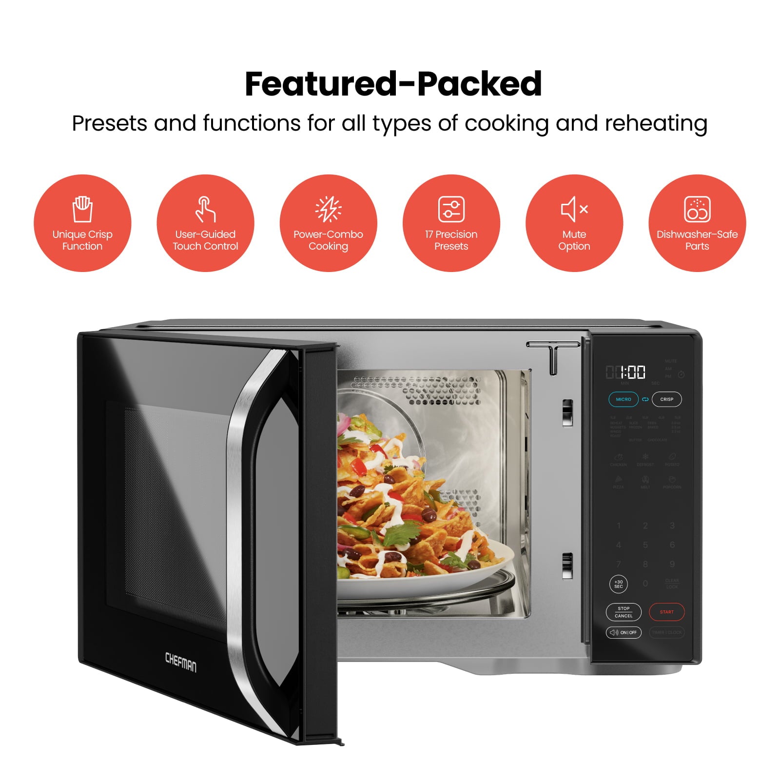 MicroCrisp Microwave + Crisper, 1.1 Cu ft, 1800W Max, Black, New