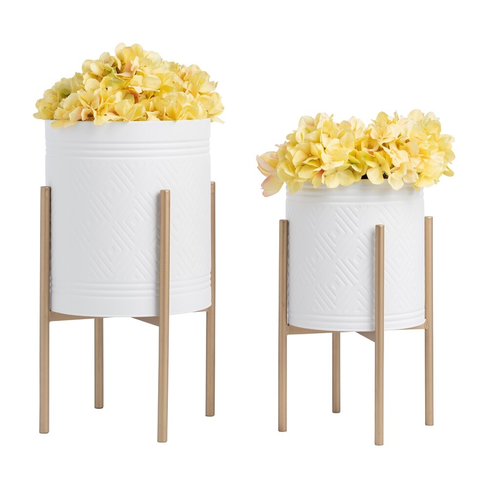 Indoor Outdoor Aztec Planters on Metal Stand  Set of 2  White and Gold  14 L x 14 W x 23 H   14\