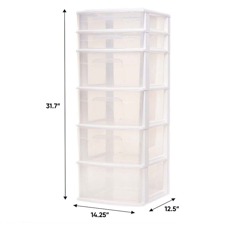 Homz Plastic 6 Clear Drawer Medium Home Storage Container Tower， White (2 Pack)