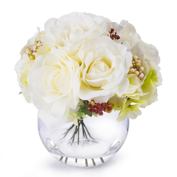 Enova Home Cream Artificial Silk Roses and Hydrangea Fake Flowers Arrangement in Round Glass Vase with Faux Water for Home Decor