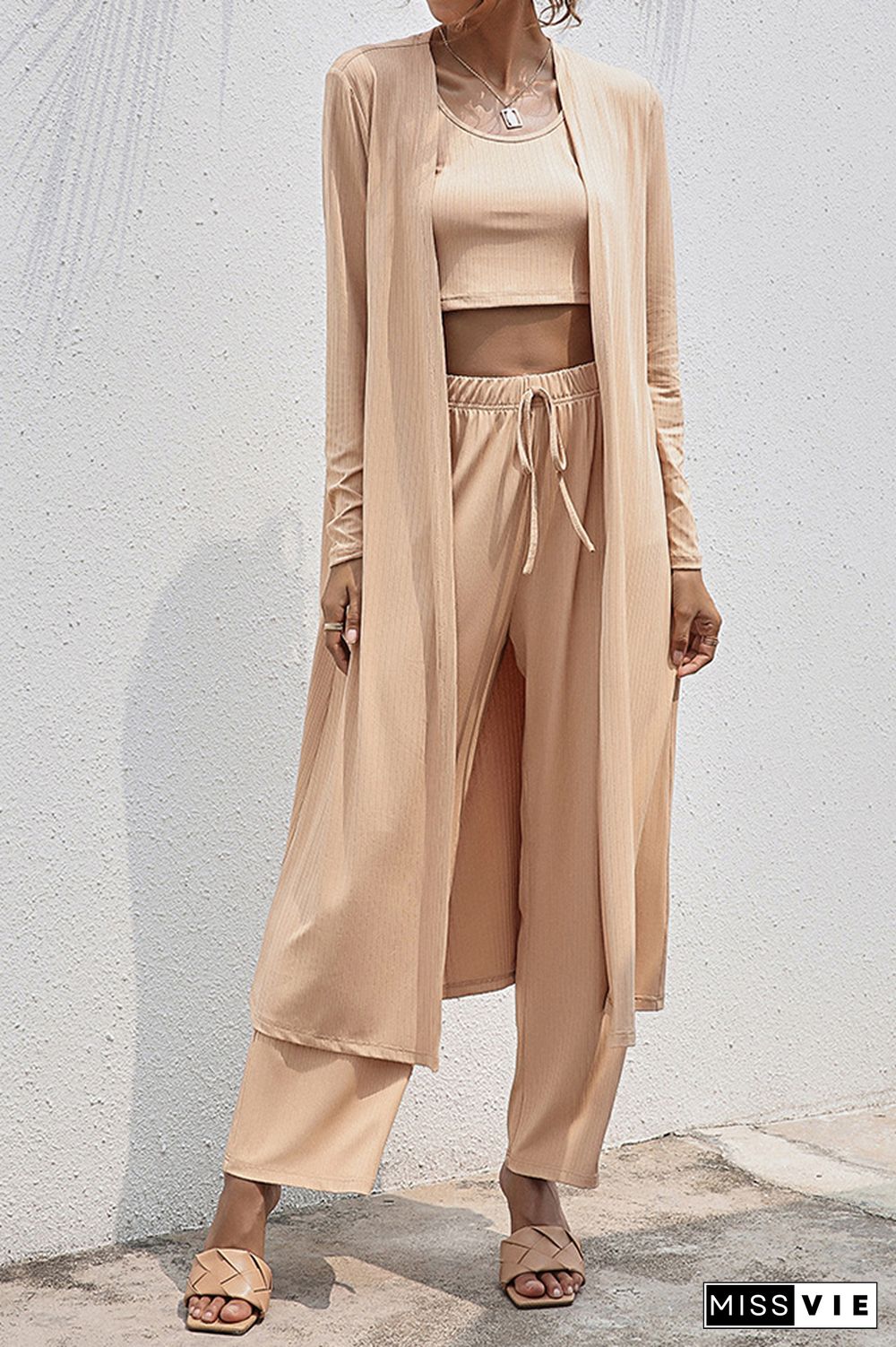 Crop Tank Top and Wide Leg Pants with Coat 3 PCS Set Wholesale