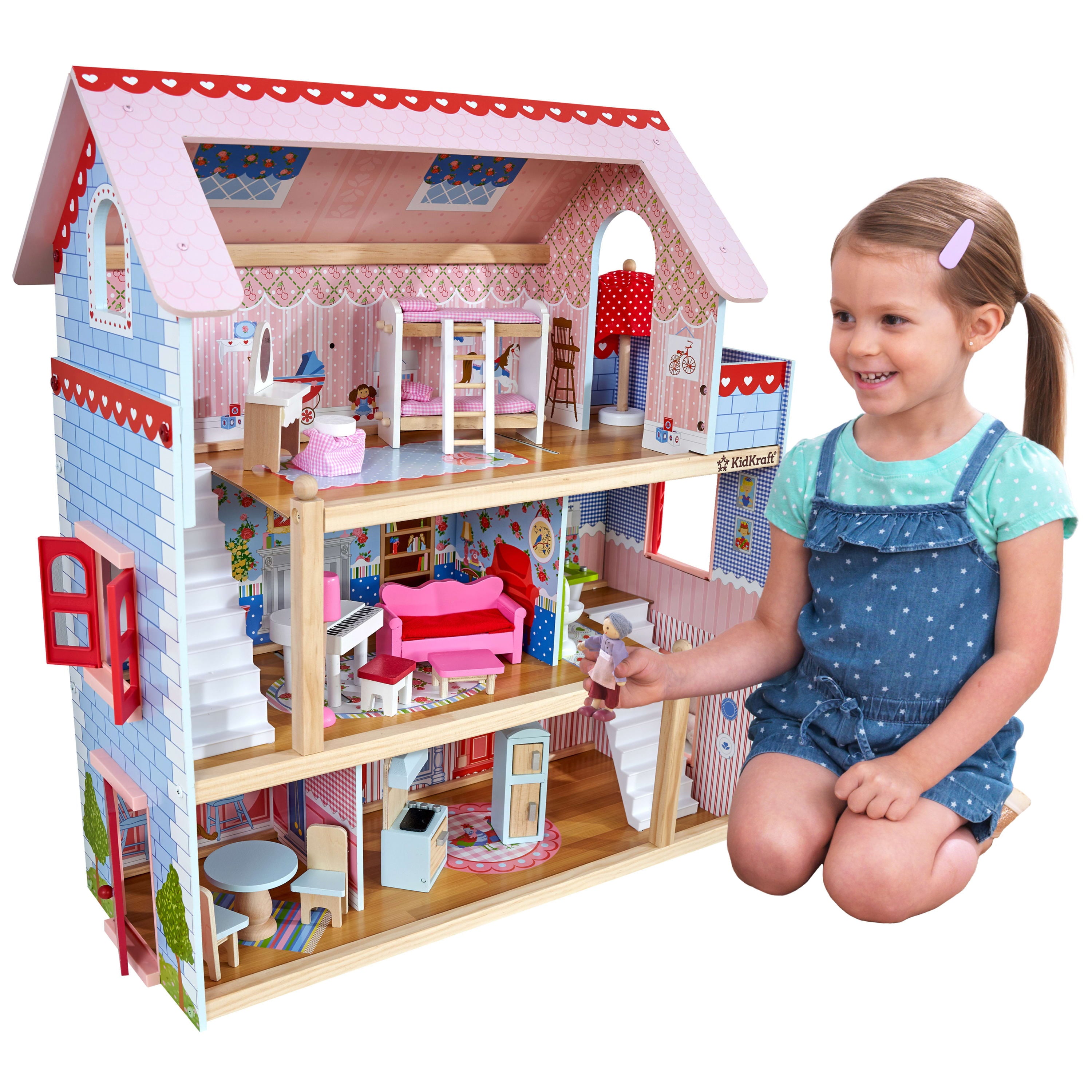 KidKraft Chelsea Doll Cottage Wooden Dollhouse with 16 Accessories， for 5-Inch Dolls