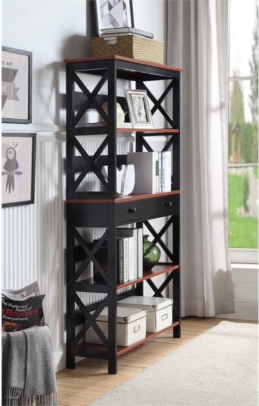 Convenience Concepts Oxford Five Tier Bookcase in Cherry and Black Wood Finish   Transitional   Bookcases   by Homesquare  Houzz