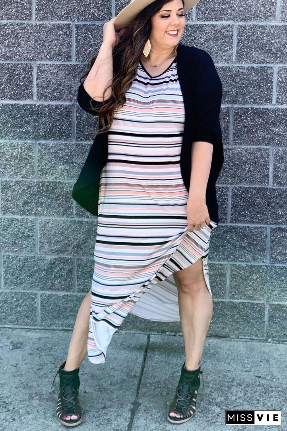 White Striped Print V Neck Side Split Plus Size Dress