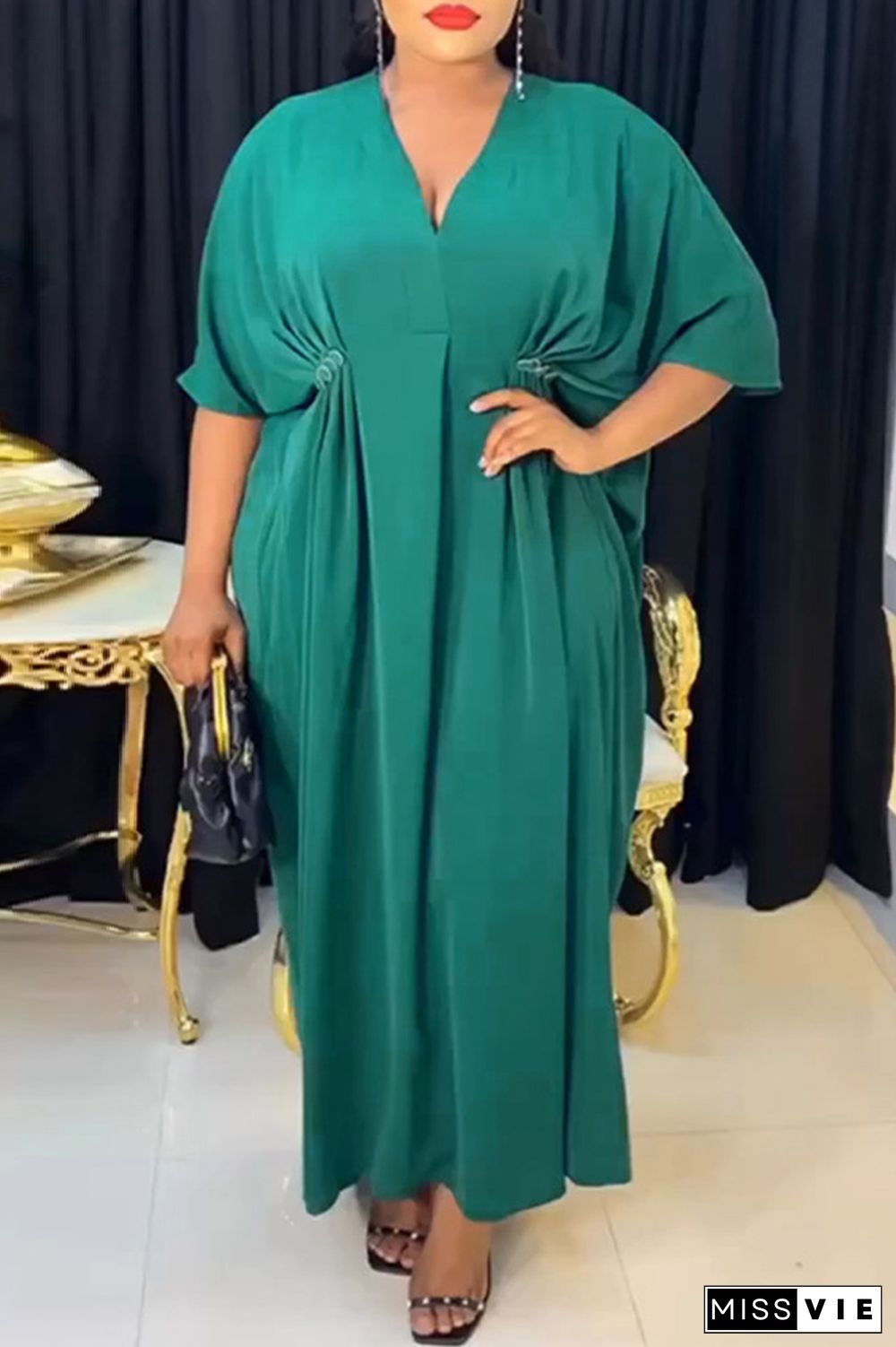 Green Casual Solid Patchwork V Neck Long Dress Plus Size Dresses