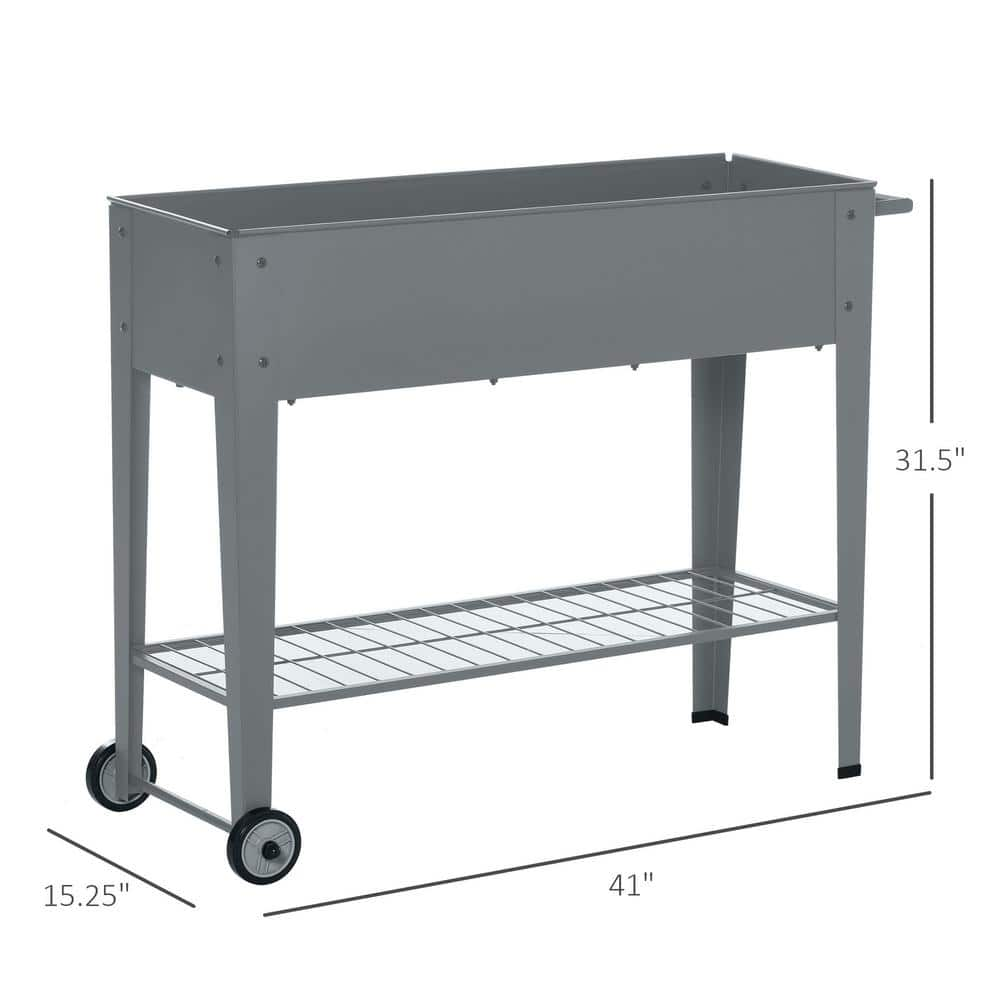 Outsunny Grey Metal Raised Garden Bed Elevated with 2 Wheels and Water Drainage Hole 845-384GY