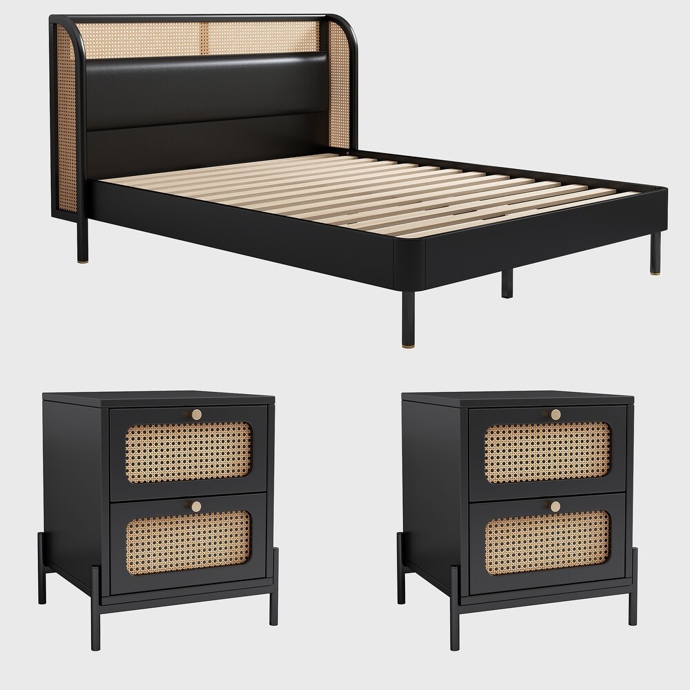 3 Pieces Modern Cannage Rattan Platform Queen Bed and 2 Nightstand