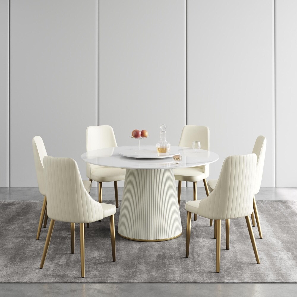 53'' Modern Round Dining Table  Marble Kitchen Table with Sintered Stone Tabletop and Steel Leather Base   N/A