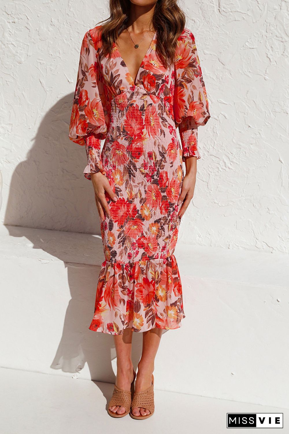 Deep V Neck Floral Print Balloon Sleeve Slim Dress