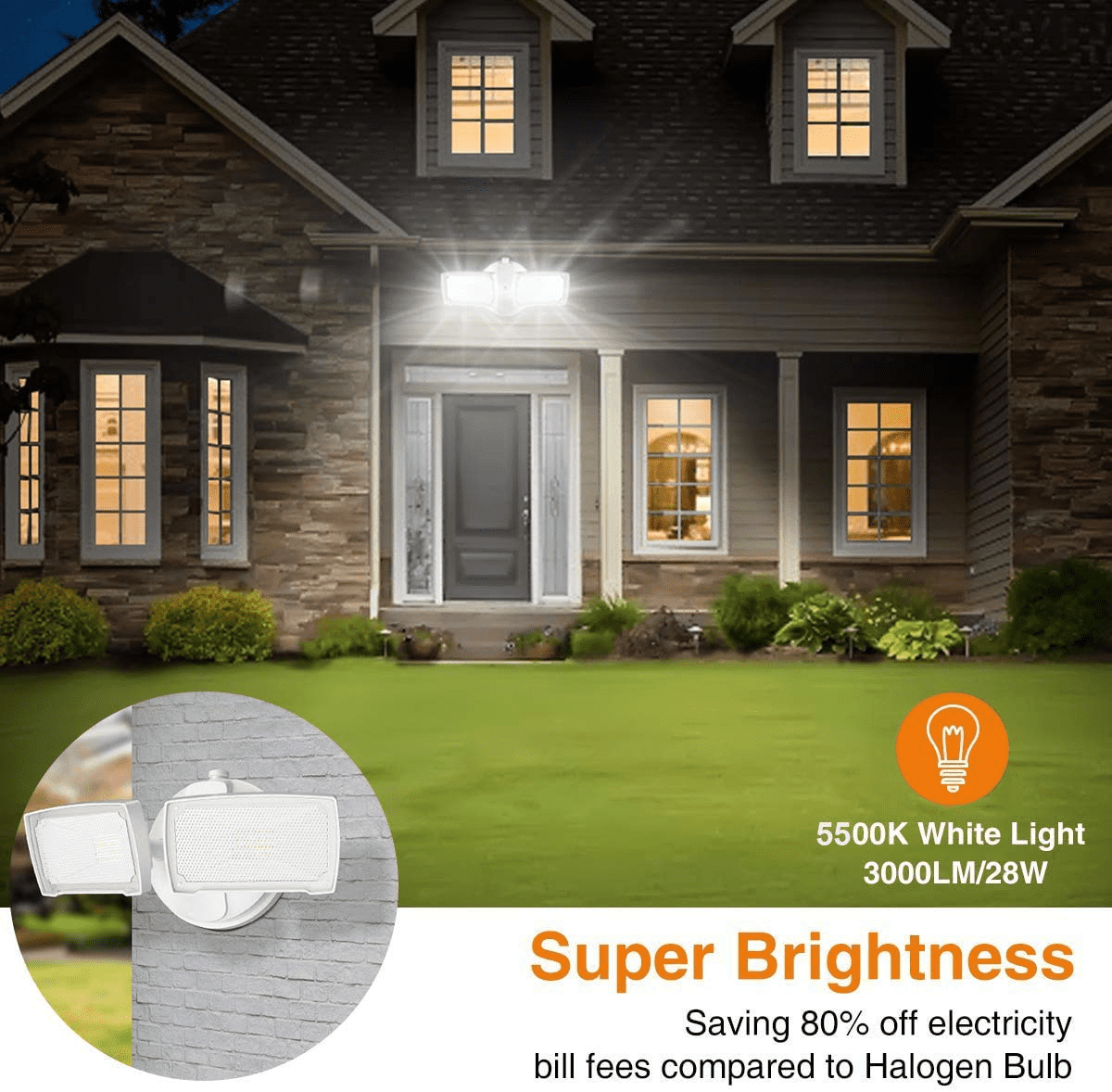 LEPOWER 3000 Lumen LED Flood Light Outdoor， 28W， Switch Controlled， 2 Heads， 5500K， IP65 Waterproof for Garage， Yard， Patio， White