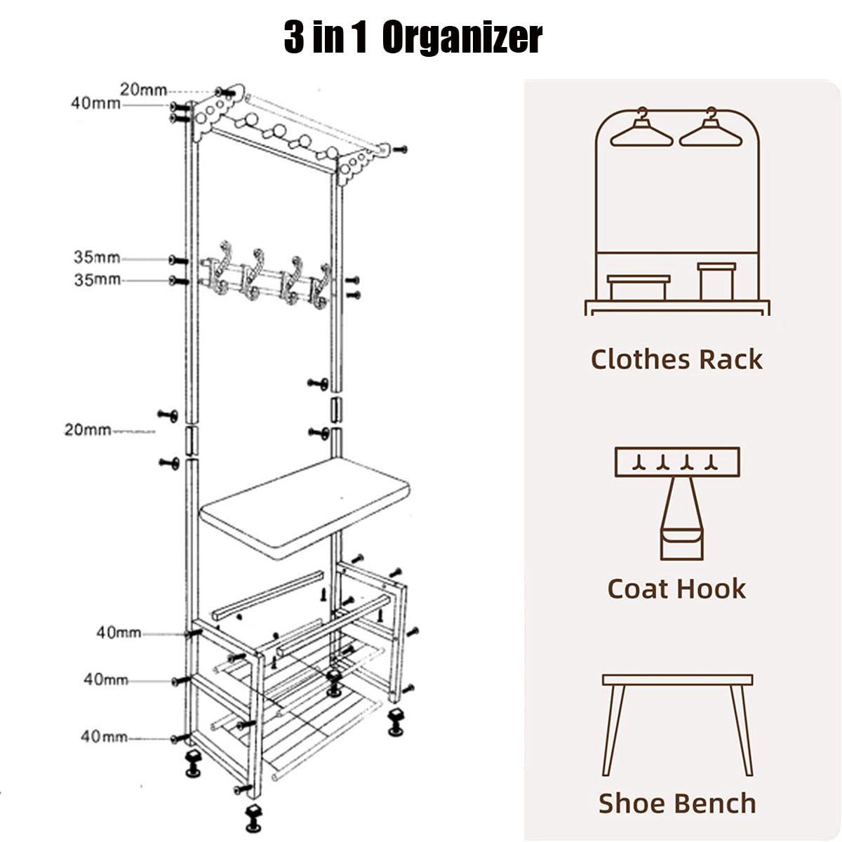 Entryway Shoe Bench， 3 in 1 Coat Rack With Bench， Entryway Bench with Coat Rack with Shoe Rack Hallway Bench Hall Tree with Bench， Black