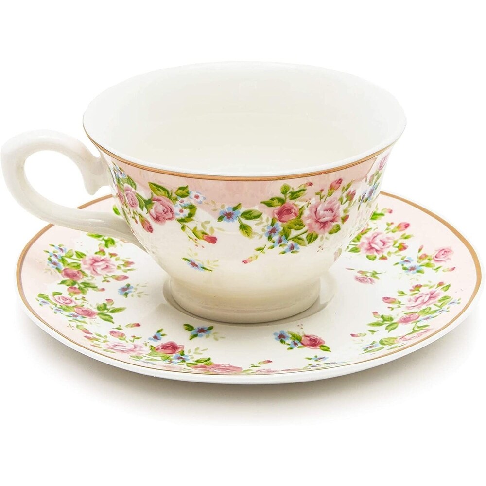 Floral Vintage 8oz Tea Cups and Saucer Set of 12 Party Supplies Blue Pink Teacup