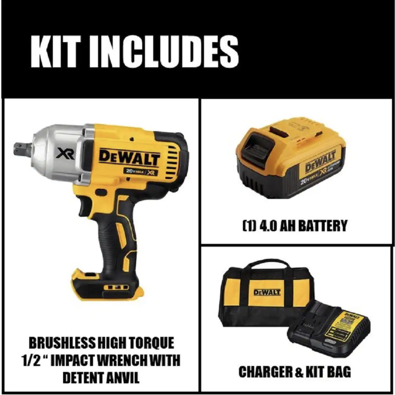 Dewalt 20-Volt MAX XR Cordless Brushless 1/2 in. High Torque Impact Wrench with Detent Pin Anvil， (1) 20-Volt 4.0Ah Battery (DCF899M1)