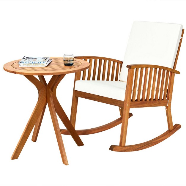 Costway 2pcs Patio Rocking Chair Set Round Table Solid Wood Cushioned Sofa Garden Deck