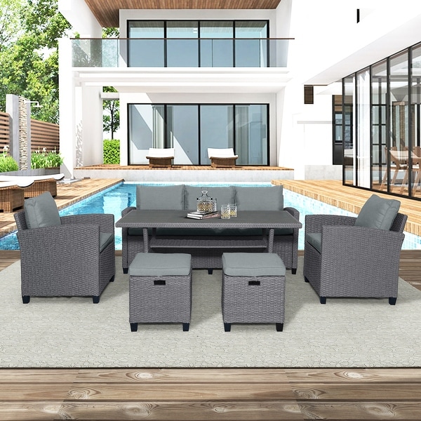 6Piece Outdoor Patio Rattan Wicker Sofa Conversation Set with Cushion and Chair，Stools and Table