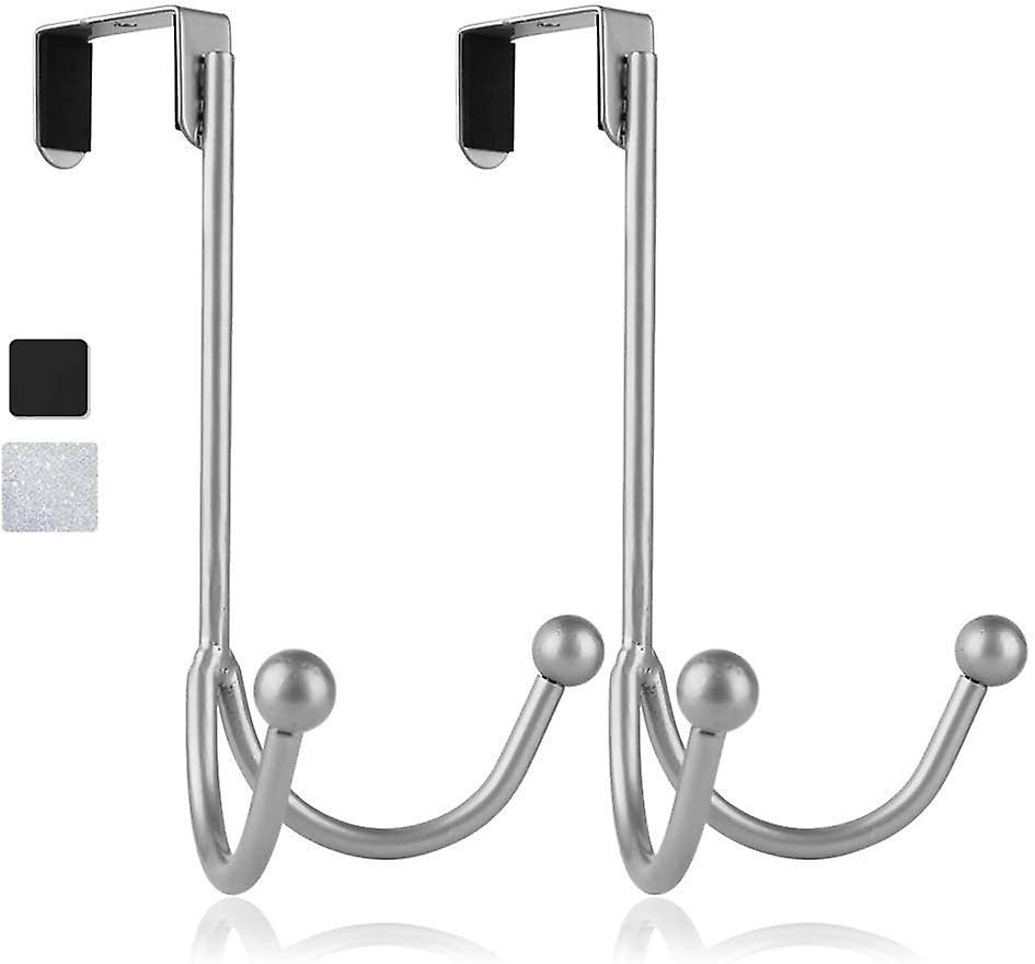 Bathroom Robe Hook Set Of 2 Over The Door Double Hooks， Metal Twin Hook Organizer For Hanging Coats， Hats， Bathrobes， Towels - Silver