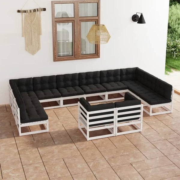 12 Piece Patio Lounge Set with Cushions White Solid Wood Pine