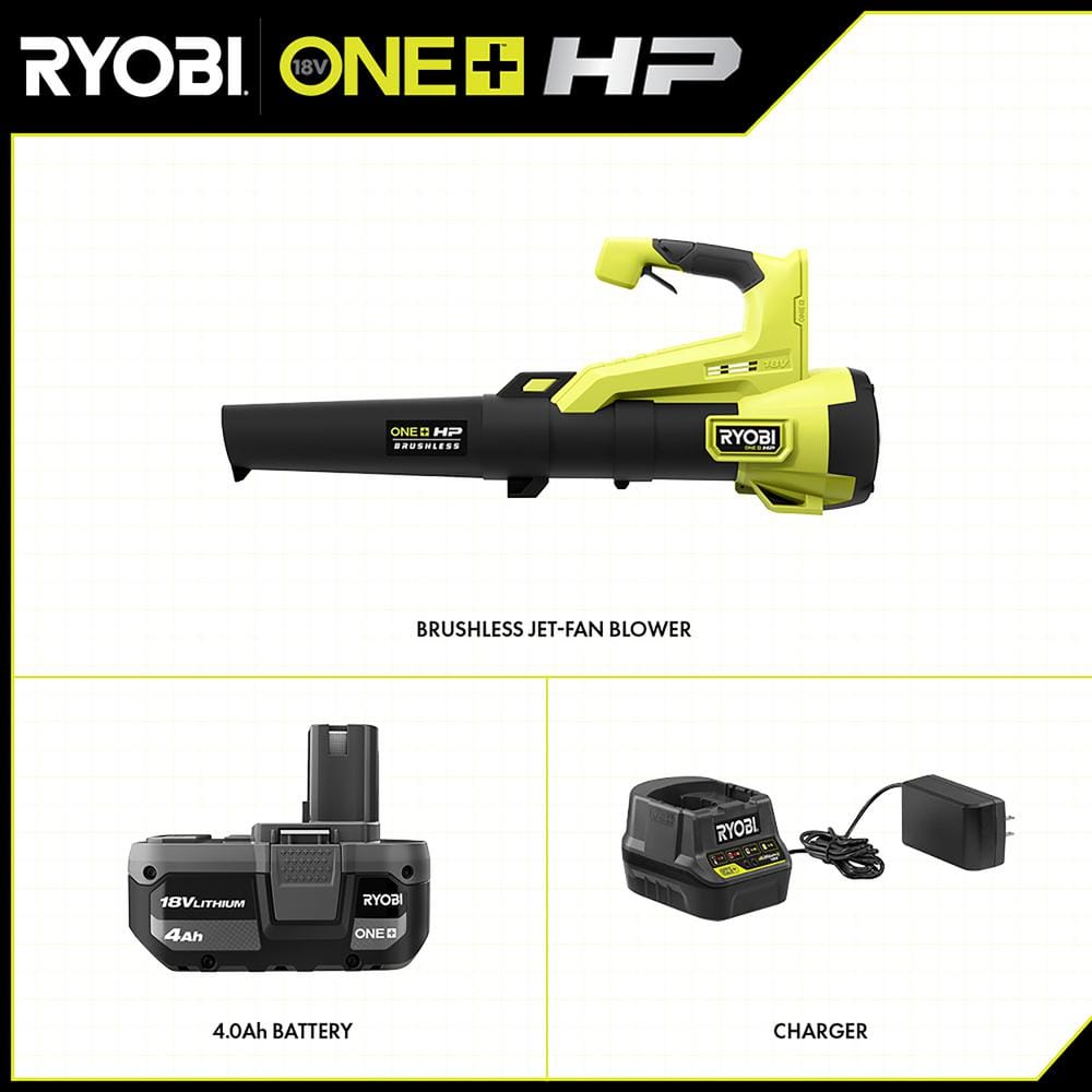 RYOBI ONE+ HP 18V Brushless 110 MPH 350 CFM Cordless Variable-Speed Jet Fan Leaf Blower w/ 4.0 Ah Battery and Charger P21120