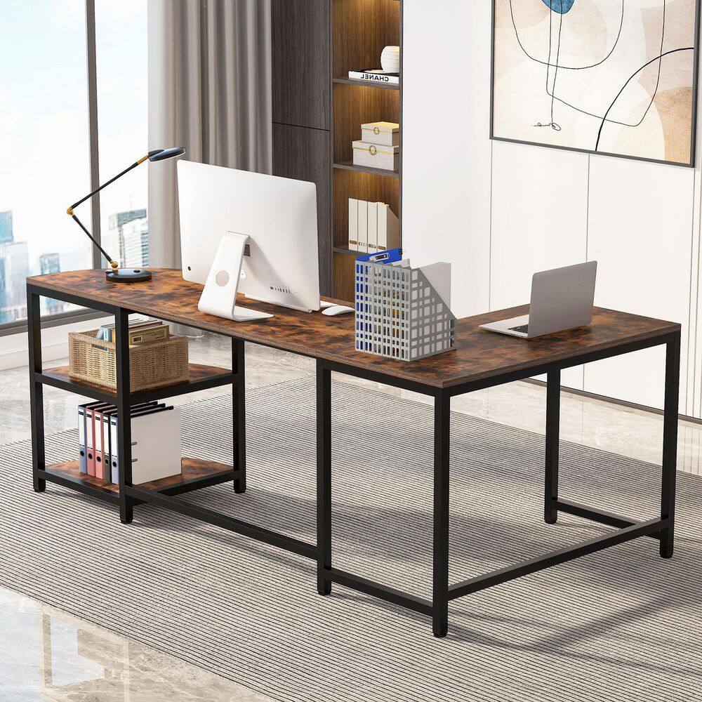 TRIBESIGNS WAY TO ORIGIN Halseey 74.8 in. W L-Shaped Brown Corner Computer Reversible Writing Studying Reading Desk 3 Tier Storage Shelves HD-CJ063-WZZ