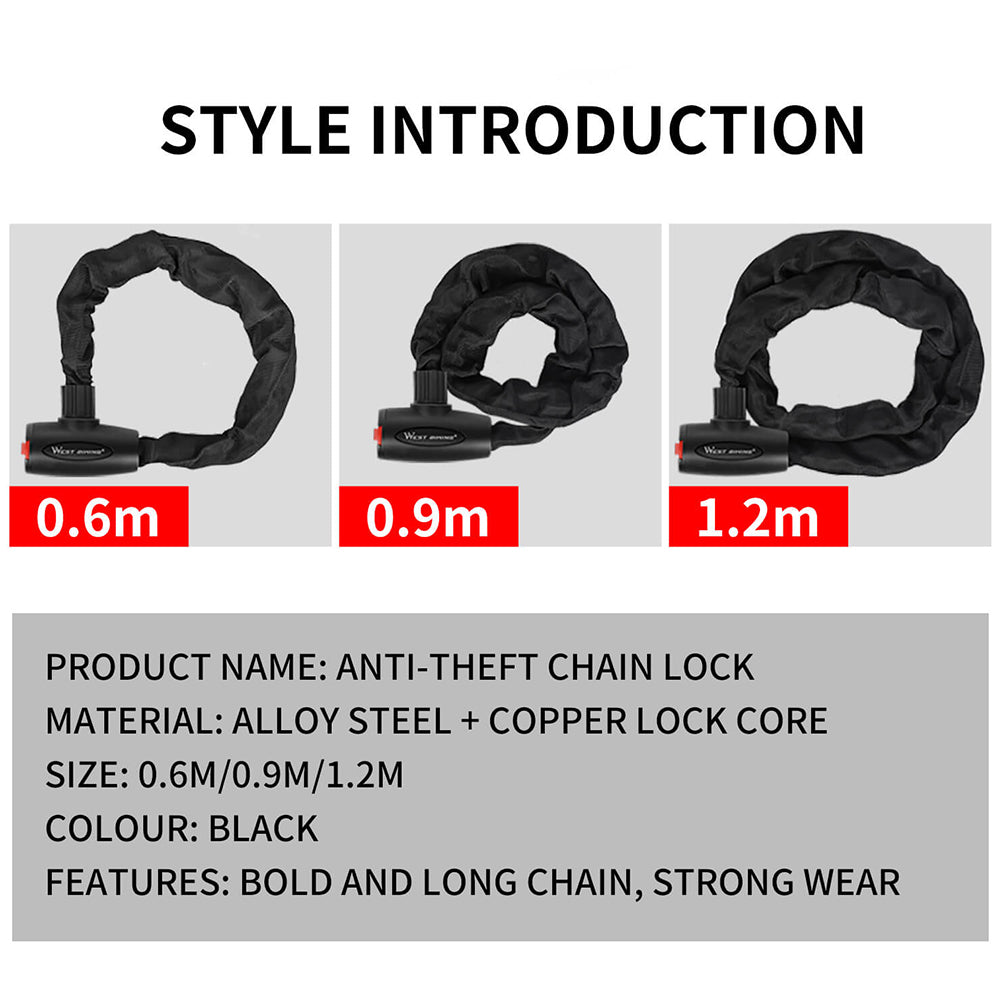 West Biking Bicycle Cable Lock 5mm Combination Steel Chain Lock Anti-Theft， 2 Keys