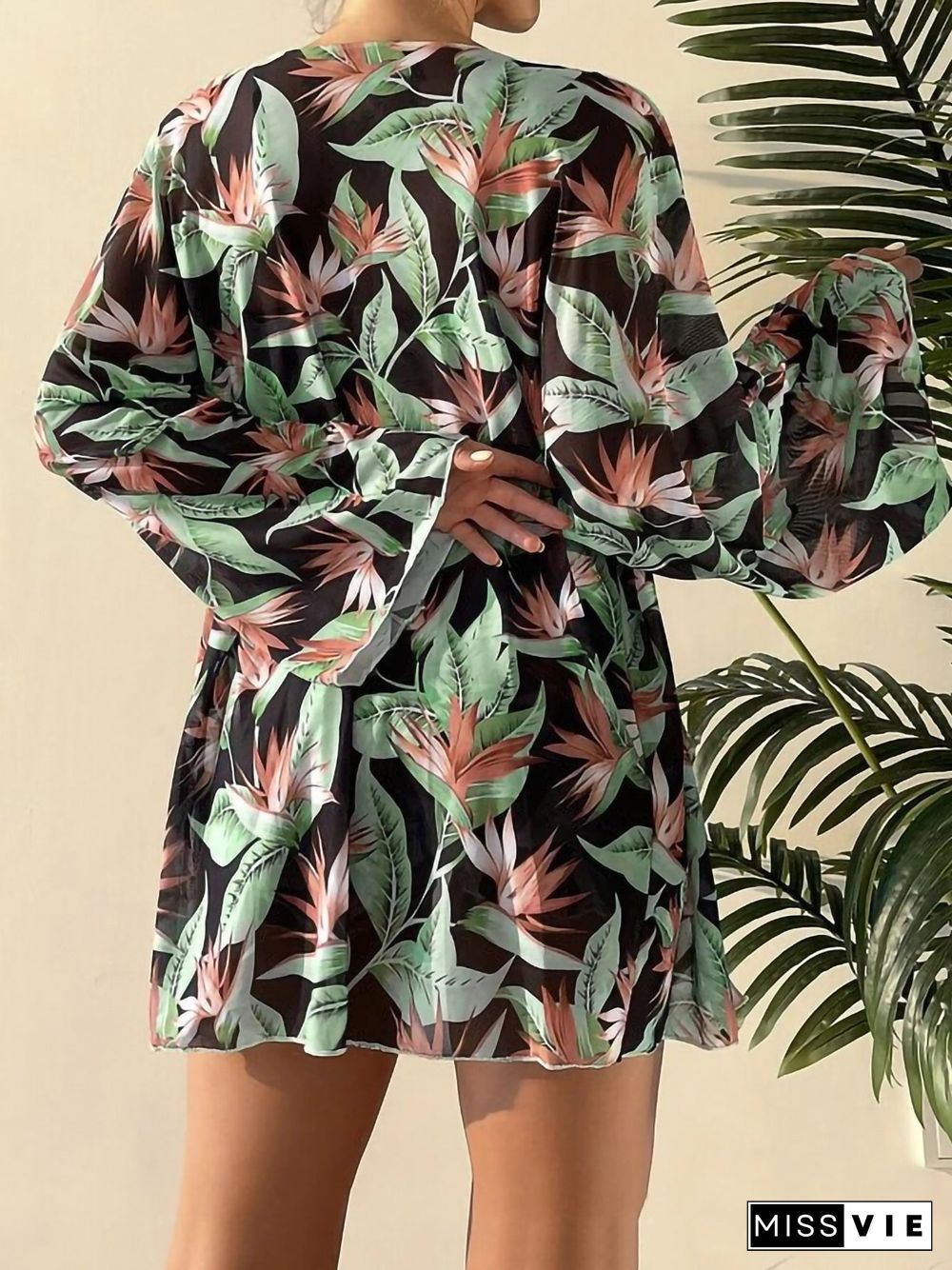 Floral Printed Lace-up Long Sleeve Bikini Three-piece Set