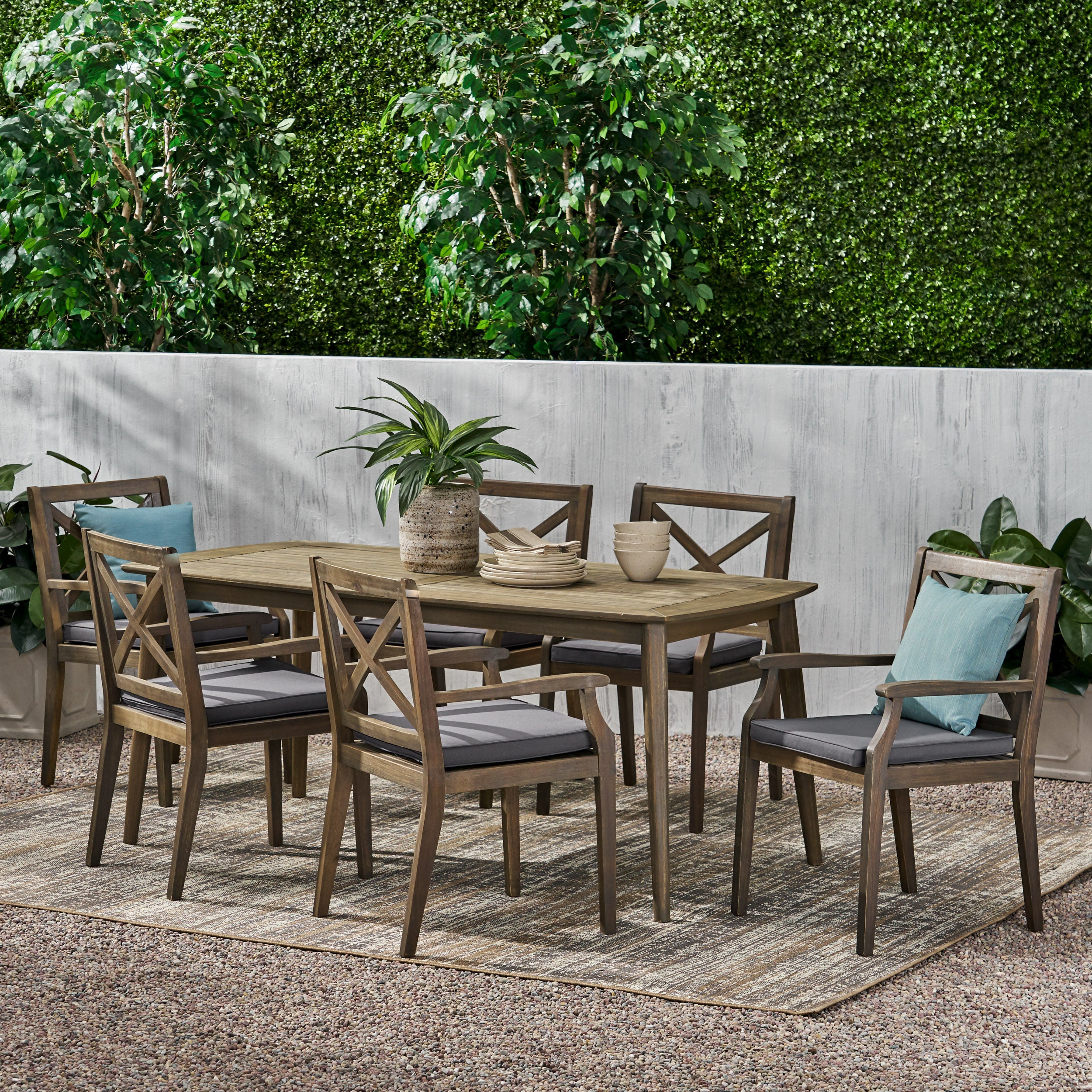 Divyansh Outdoor 7 Piece Acacia Wood Dining Set