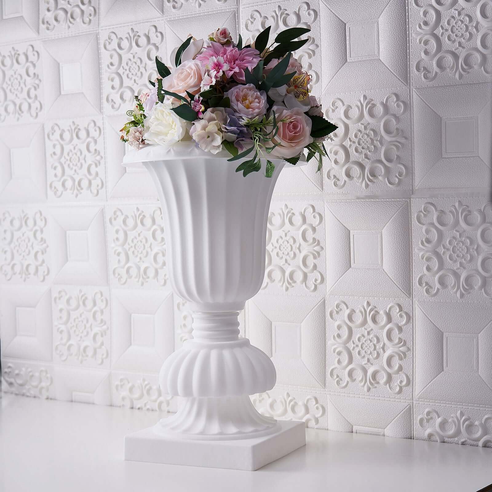 2 Pack White Urn Planter, Floral Pedestal Flower Pot Plant Stand - PVC 20