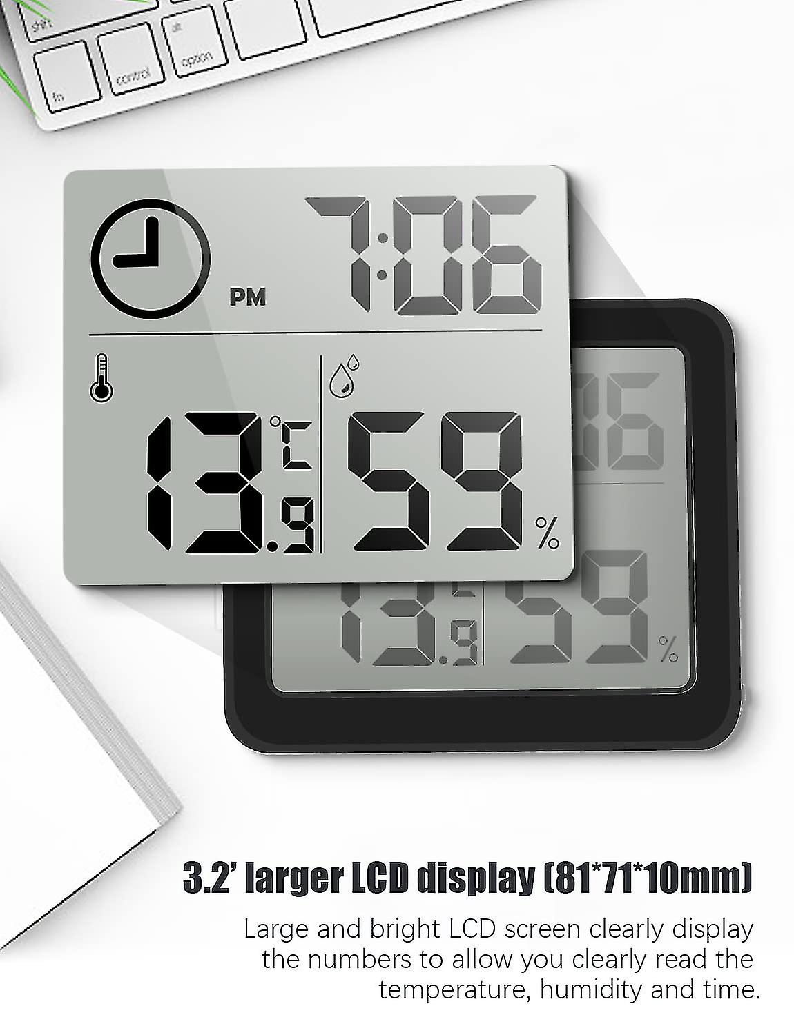 Digital Thermometer/hygrometer Large 3.2lcd Display With Clock(black)