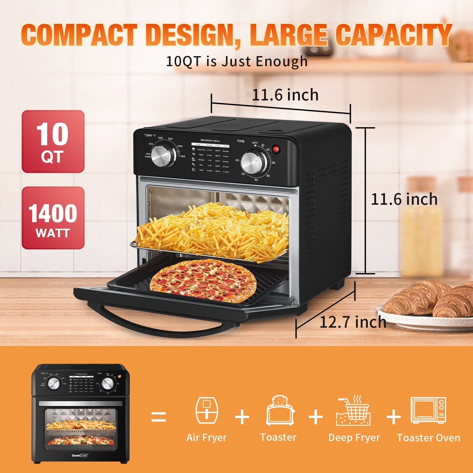 1400 W 4-Slice Stainless Steel Toaster Oven Air Fryer with Bake Tray， Air Basket and Crumb Tray