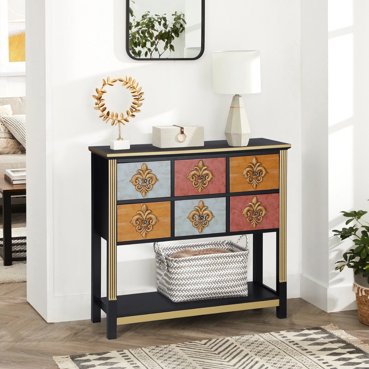 6-Drawer Royal Flower Console Table with Bottom Shelf