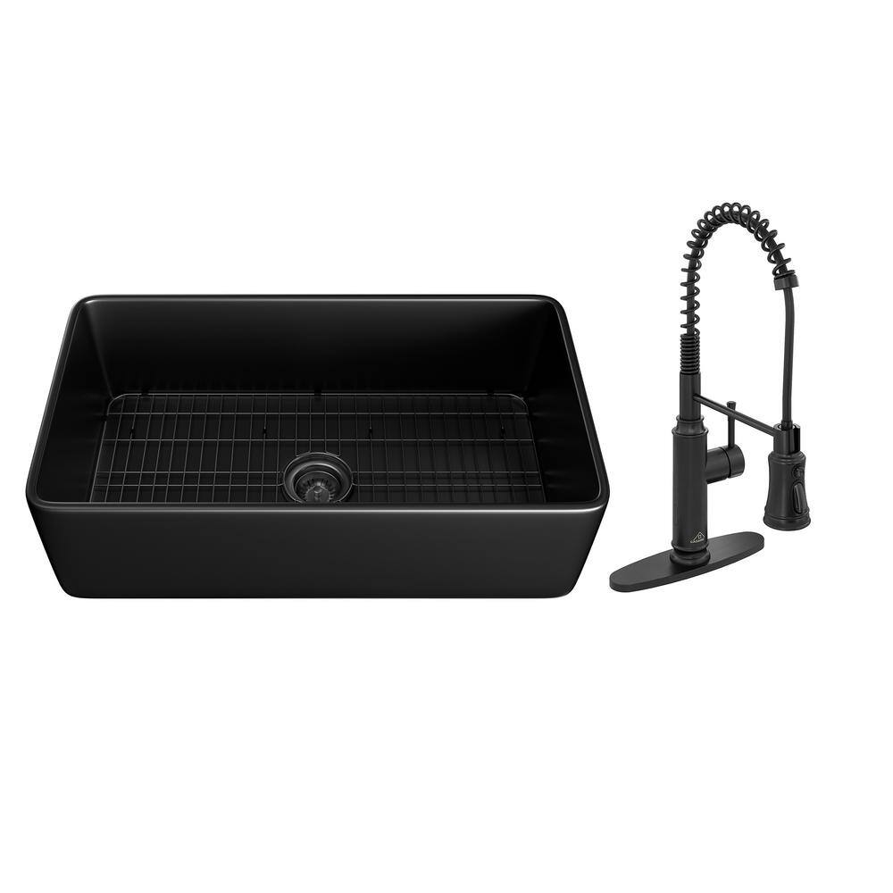 CASAINC Fireclay 33 in. Single Bowl Farmhouse Apron Kitchen Sink with Pull Down Kitchen Faucet and Accessories CA-B33-W3052MB