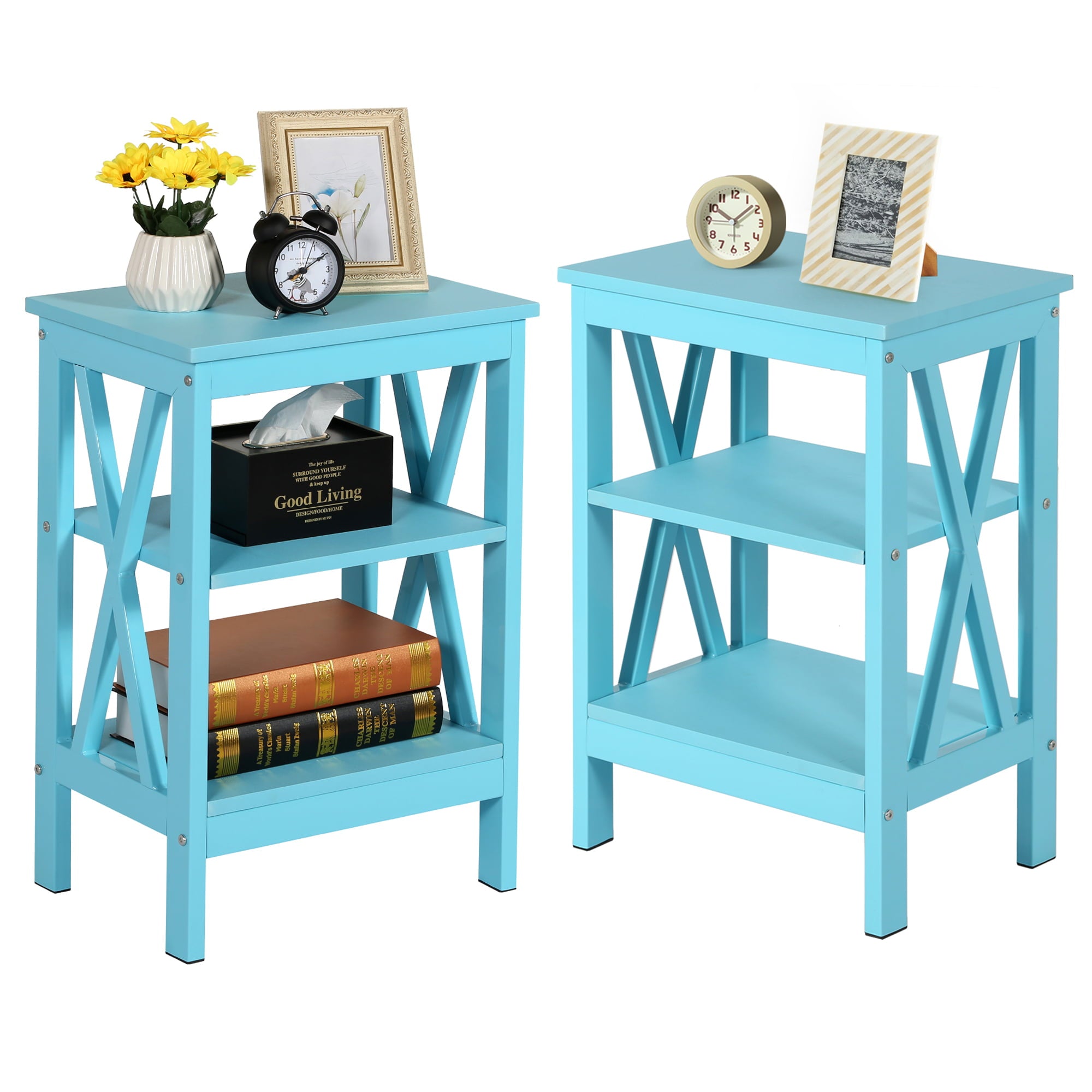 VECELO Set of 2 Nightstand End Table with 3-tier Storage Shelf for Living Room, Bedroom, Office, Light Blue