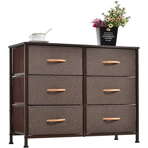 6 Drawers Dresser Closet， Space-Saving Storage Tower for Bedroom， Office Organization， Wood Top， Easy Pull Fabric Bins - - 37828746