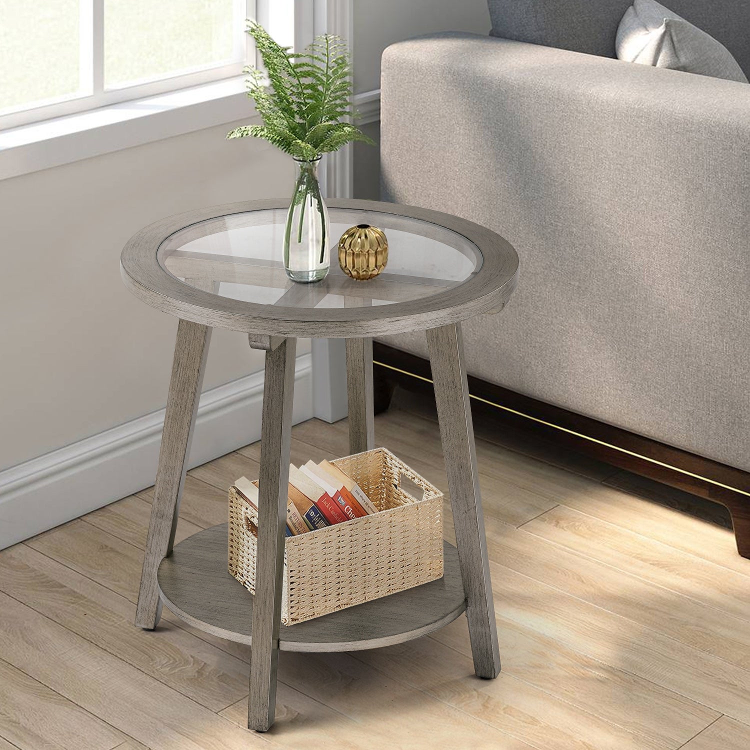 COSIEST Modern Wood Antique Silver 2-Tier Round End Table with Tempered Glass Top - 22