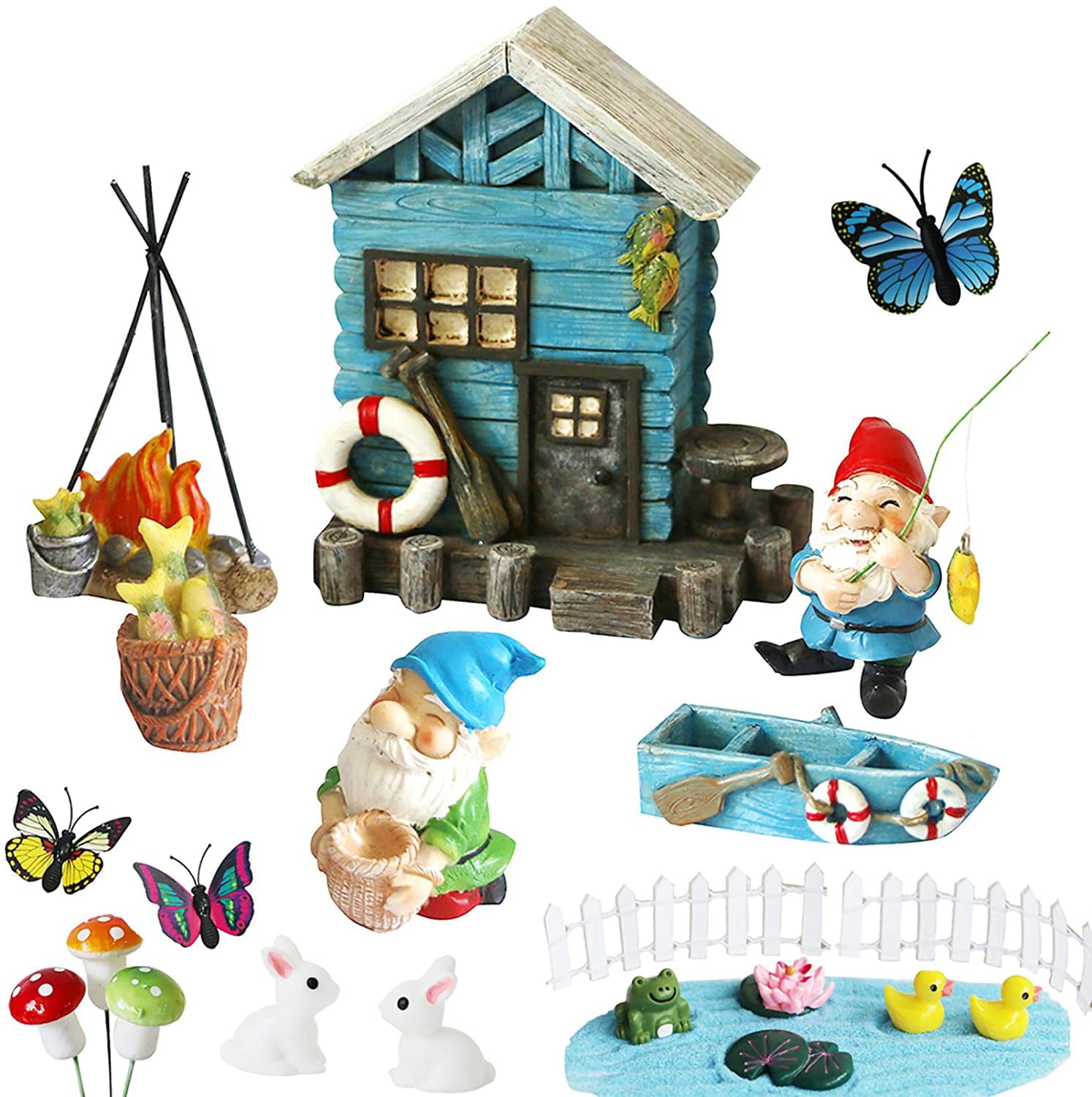 Miniature Fairy Garden Kit Gnomes Garden Decoration Small Flower Fairy Garden Accessories Gnome Figurines Fishing Gnome Statue Fairy House Fence Mushroom Outdoor Indoor Home Yard Patio Garden Decor