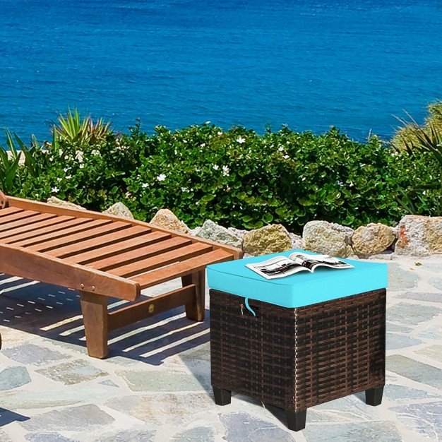 Tangkula Set Of 2 Patio Rattan Ottoman Footrest Garden Outdoor W Turquoise Cushion