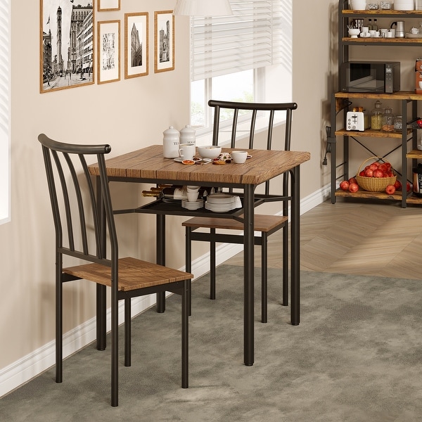 Dining Table Set， Kitchen Table and Chairs for 2 with Wine Rack， 3 Piece Metal and Wood Square Dining Room Table Set