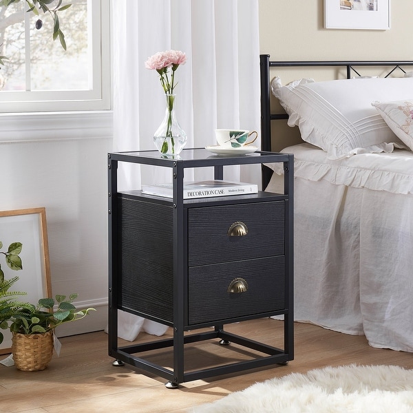 Industrial Coffee Table Set of 3， Rustic Brown Sofa Table and Glass Top Nightstands Set of 2