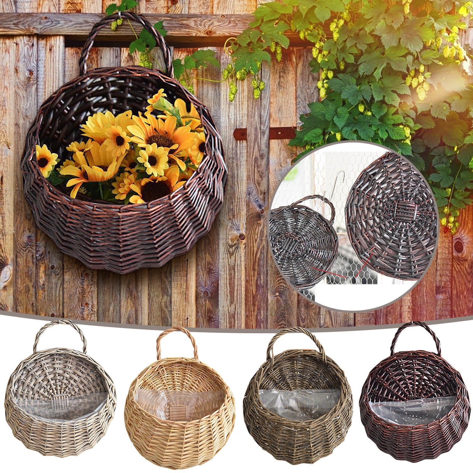 Fridja Wall Hanging Wicker Rattan Flower Basket Handmade Woven Hanging Basket Pots Hanger Garden Decoration Indoor Outdoor Watering Hanging Baskets for Home Garden Wedding Wall Decorations