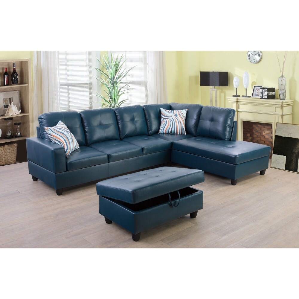 Denim Blue Faux Leather Right Facing 3 piece Sectional Sofa Set(9518B)