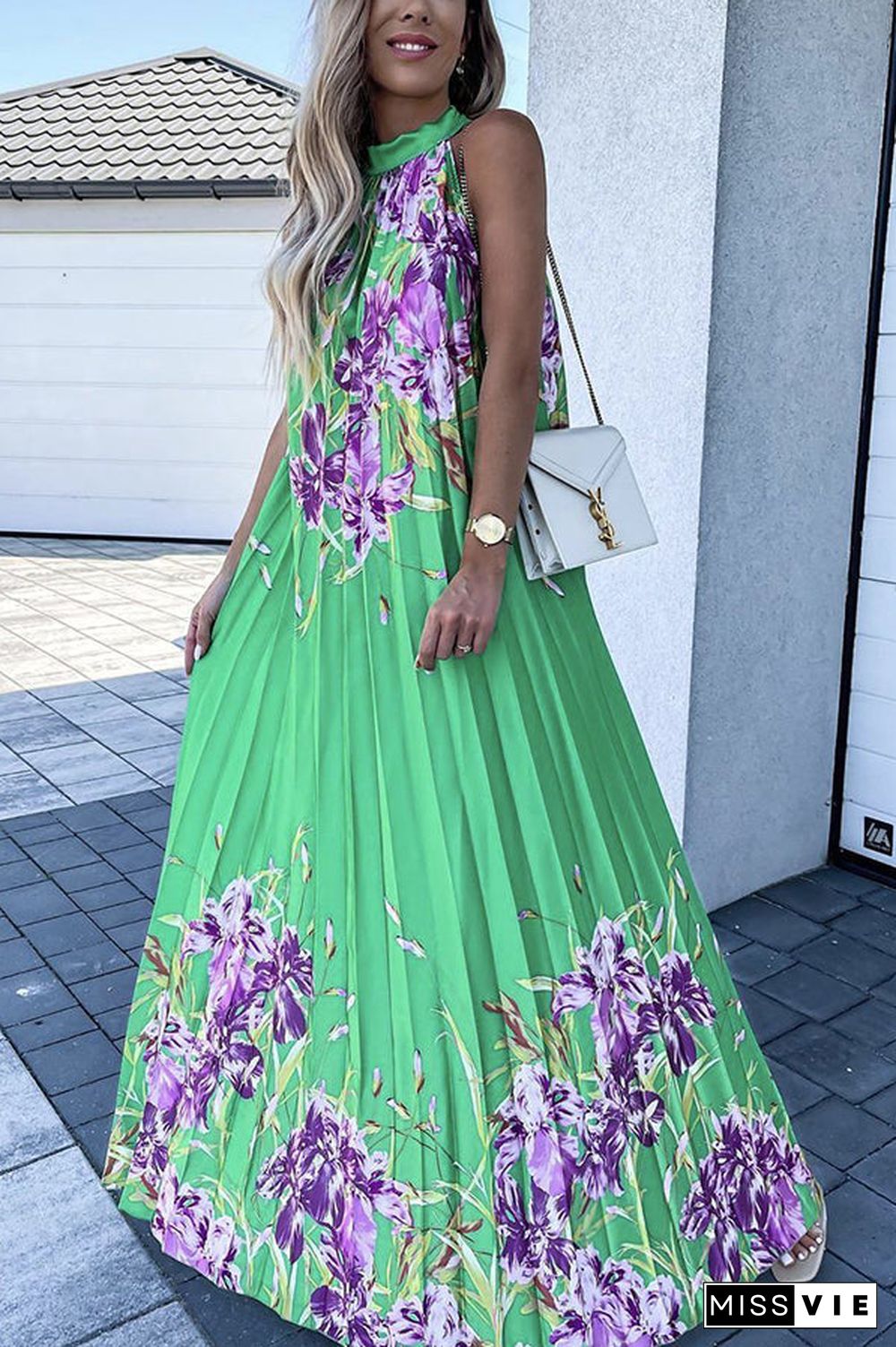 Life In Floral Pleated Halter Neck Maxi Dress