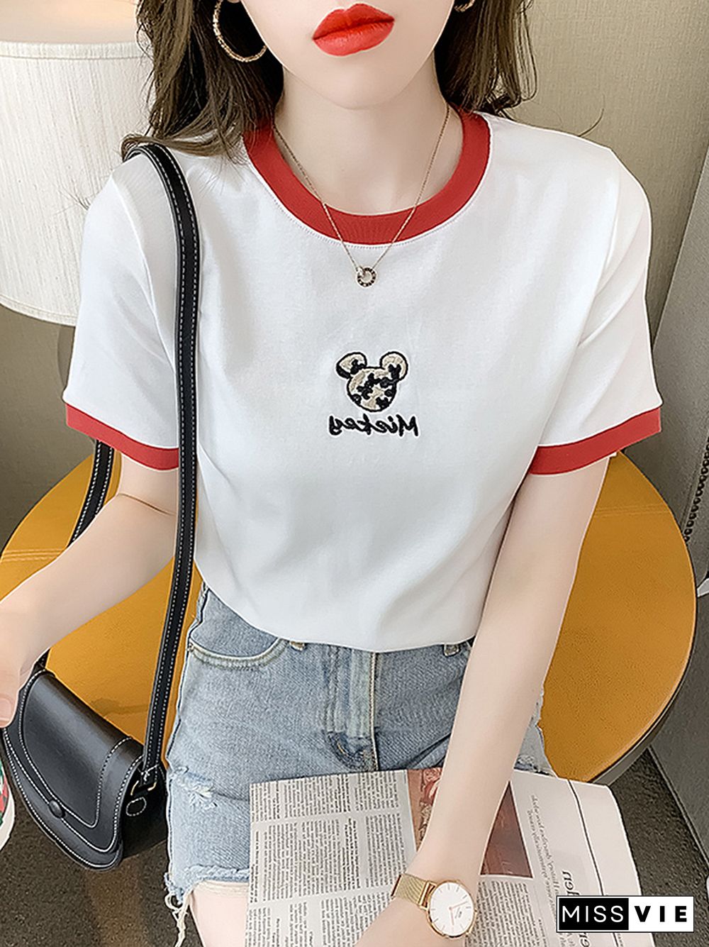 Bobokateer Tops Women Fashion Contrast Trim Embroidery Cotton T-Shirt Round Neck Casual Tshirts Femme Camisetas De Mujer