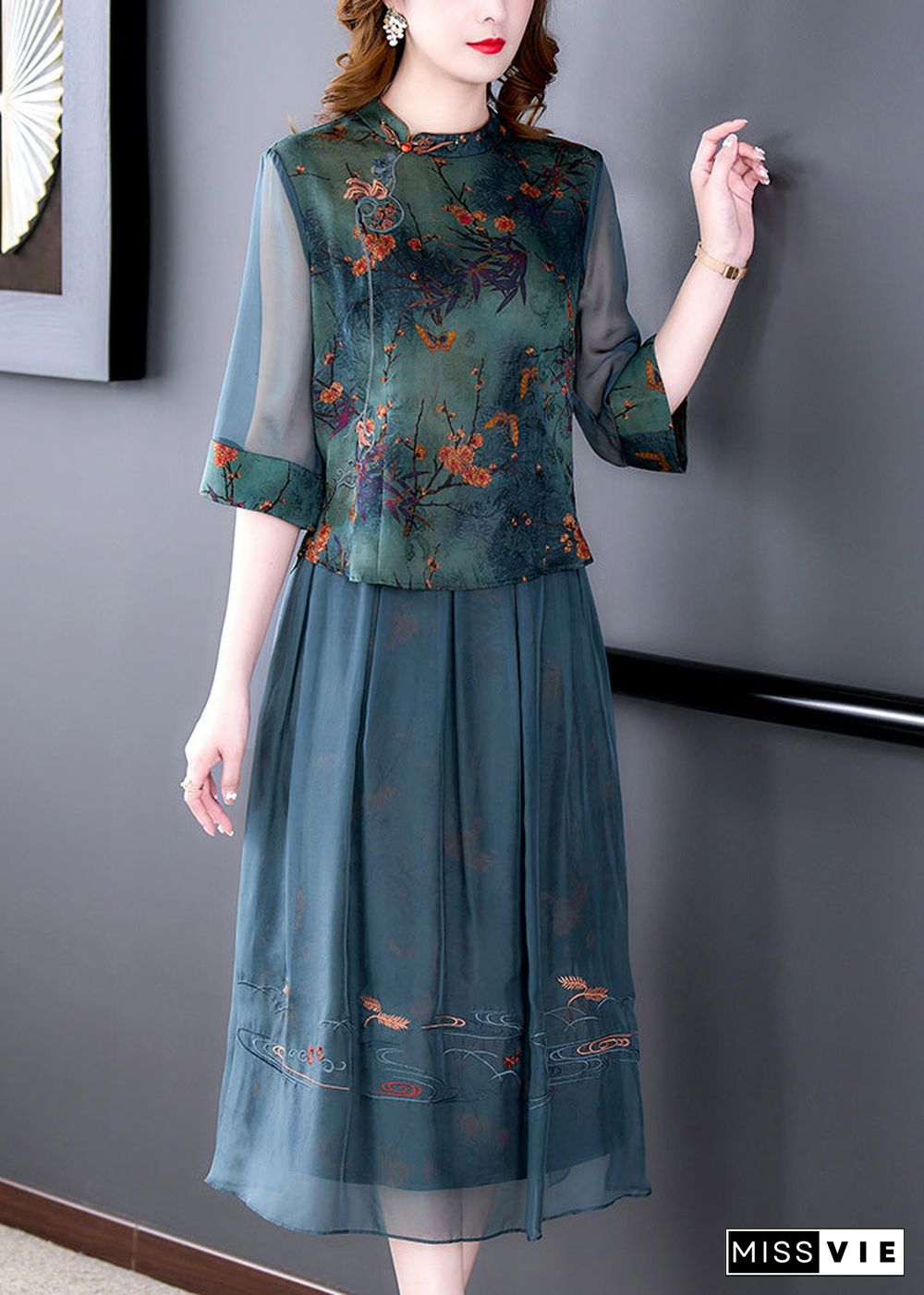 Women Green Embroideried Button Silk Shirts And Maxi Skirts Two Pieces Set Half Sleeve